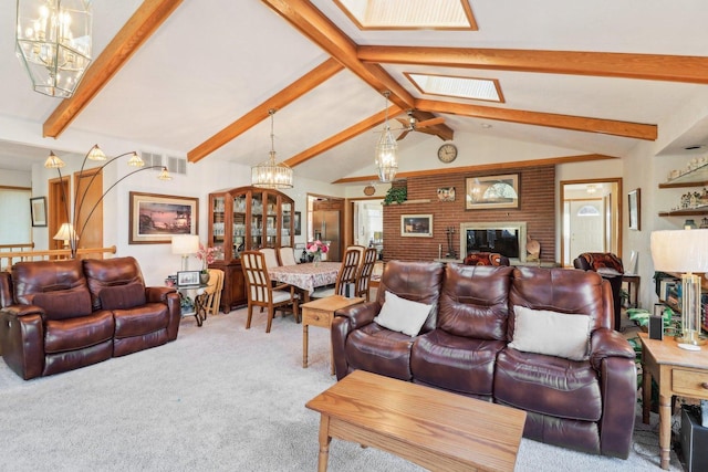 living room with carpet flooring and vaulted ceiling with beams