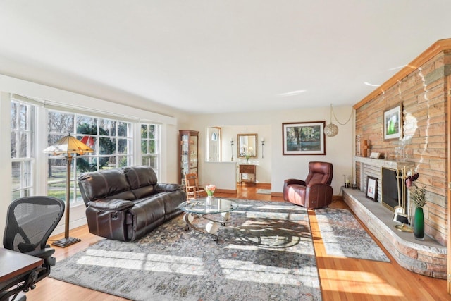 living room featuring hardwood / wood-style flooring and a fireplace