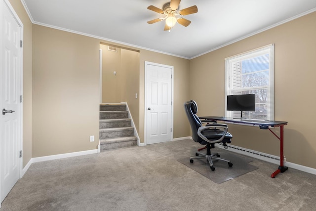 home office featuring carpet floors, baseboard heating, ceiling fan, and ornamental molding