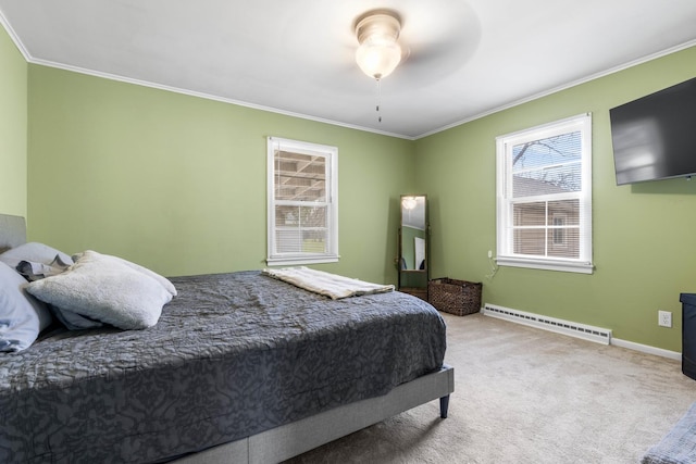 bedroom featuring ceiling fan, light colored carpet, crown molding, and a baseboard heating unit