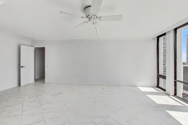 spare room with expansive windows, ceiling fan, and ornamental molding