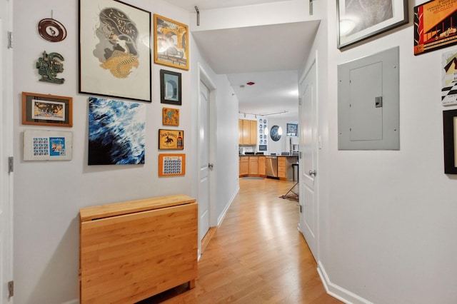 corridor with light hardwood / wood-style floors and electric panel