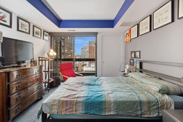 bedroom featuring carpet and a tray ceiling