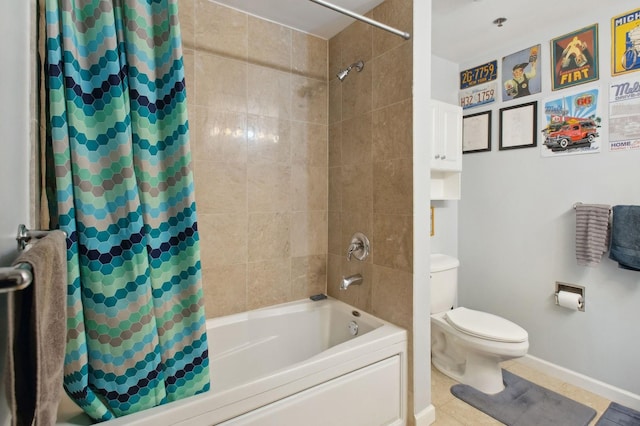 bathroom featuring toilet, tile patterned floors, and shower / tub combo with curtain