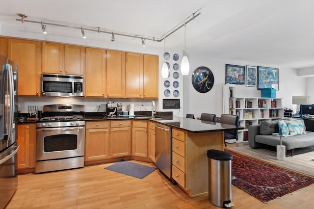 kitchen featuring sink, stainless steel appliances, kitchen peninsula, pendant lighting, and light hardwood / wood-style floors