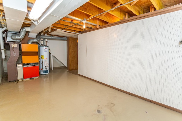 basement with heating unit and water heater