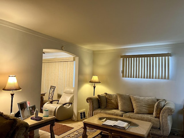 living room featuring carpet and ornamental molding