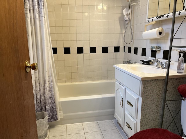 bathroom with tile patterned flooring, vanity, decorative backsplash, and shower / bathtub combination with curtain