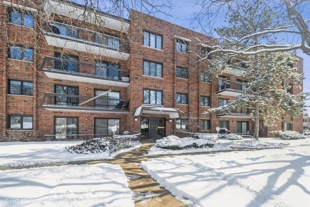 view of snow covered building