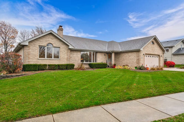 ranch-style house with a garage and a front yard