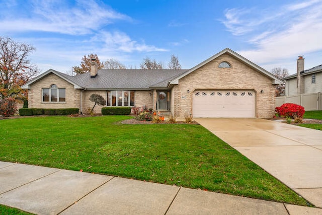 single story home featuring a front yard and a garage