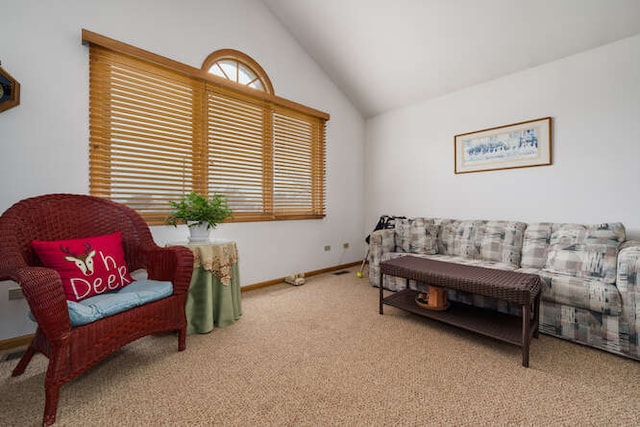 living area featuring carpet flooring and vaulted ceiling