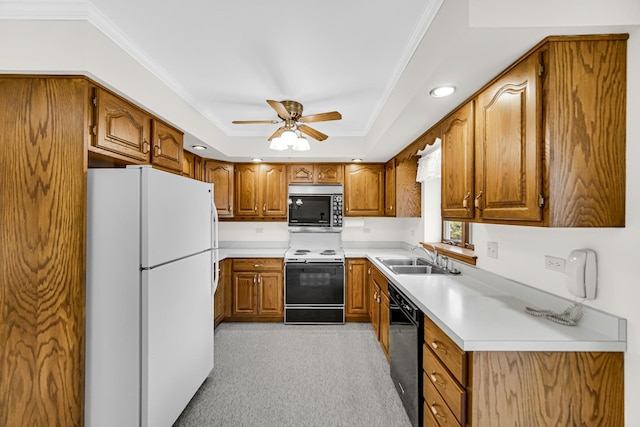 kitchen with ceiling fan, dishwasher, sink, electric range oven, and white fridge