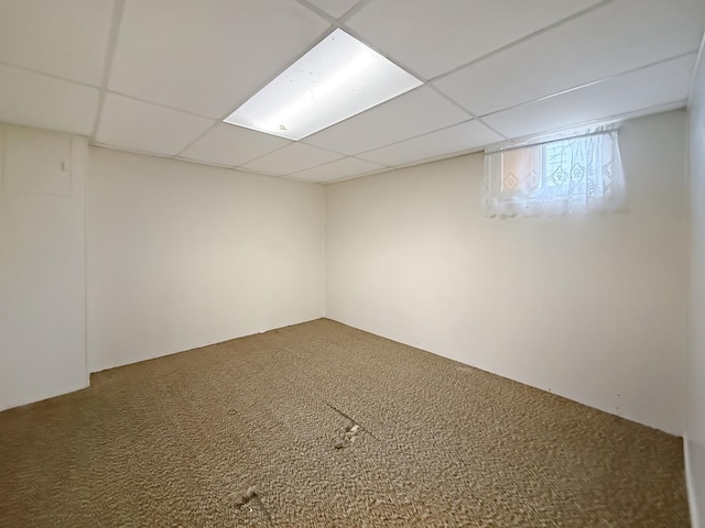 carpeted empty room featuring a drop ceiling