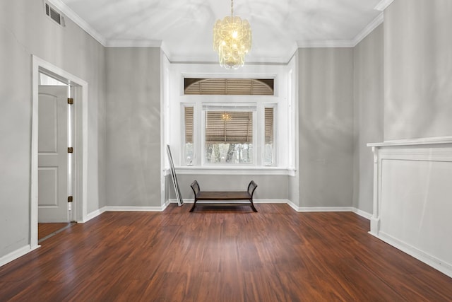 interior space with crown molding and dark wood-type flooring