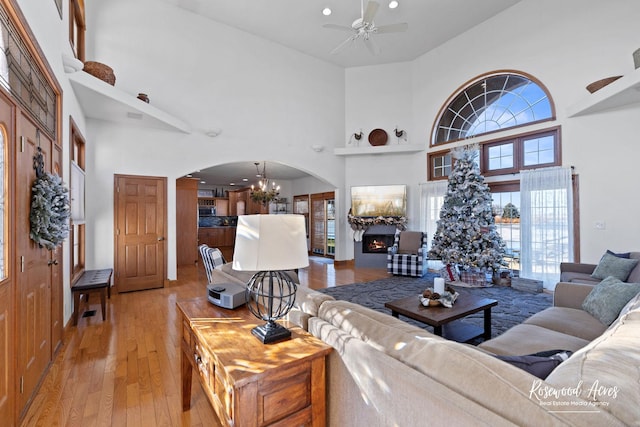 living room with plenty of natural light, light hardwood / wood-style floors, and a high ceiling