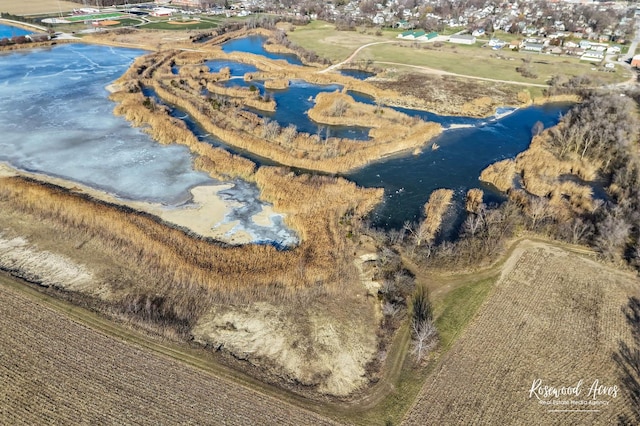 aerial view featuring a water view