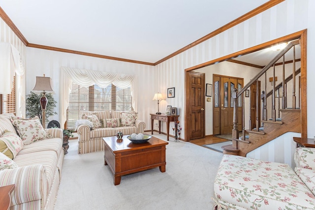 living room featuring light carpet and ornamental molding