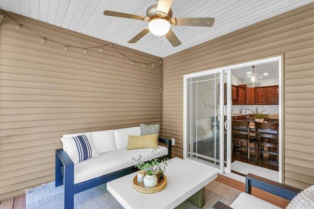 interior space featuring ceiling fan