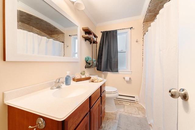 bathroom featuring vanity, toilet, baseboard heating, and ornamental molding