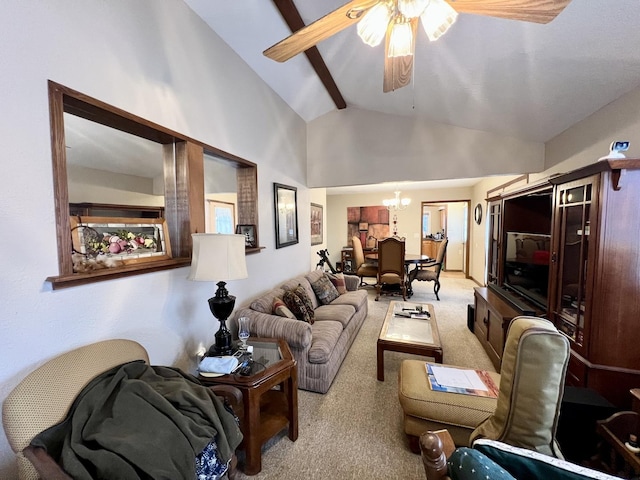 living room featuring beam ceiling, light carpet, high vaulted ceiling, and ceiling fan with notable chandelier