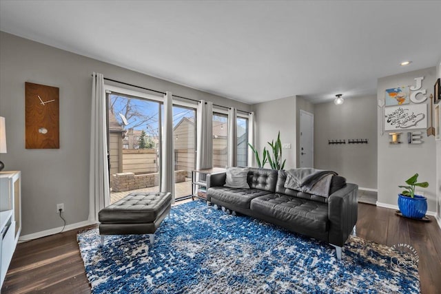 living room featuring dark wood-type flooring