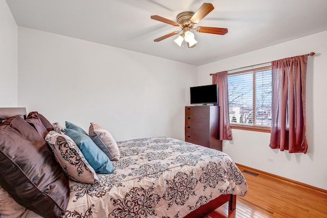 bedroom featuring ceiling fan and wood-type flooring