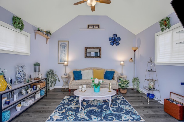 interior space featuring vaulted ceiling, ceiling fan, and dark wood-type flooring