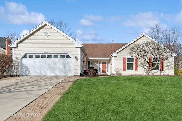 single story home featuring a garage, a front lawn, and concrete driveway