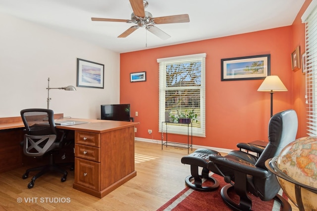 office space featuring light wood-type flooring, ceiling fan, and baseboards