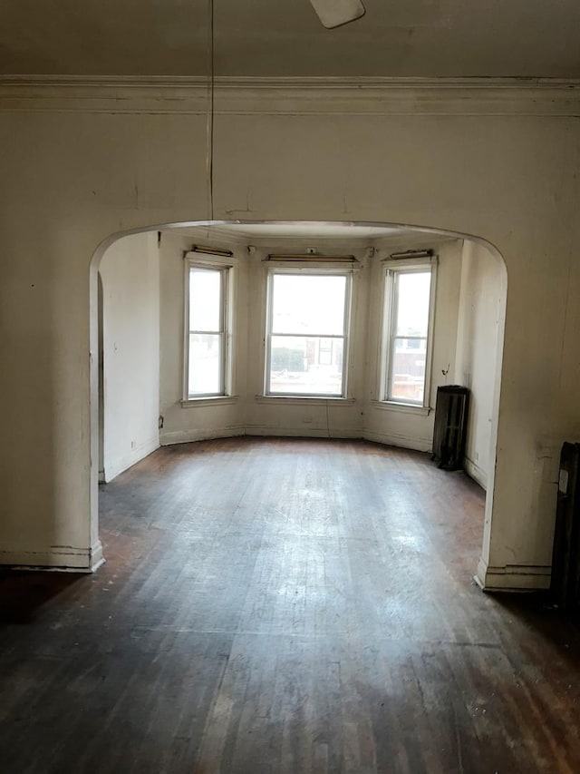 empty room with crown molding, plenty of natural light, and dark wood-type flooring