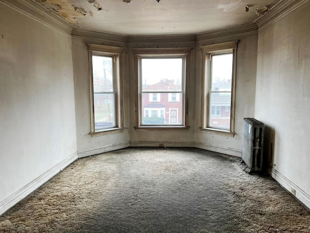 empty room featuring carpet, radiator heating unit, and crown molding