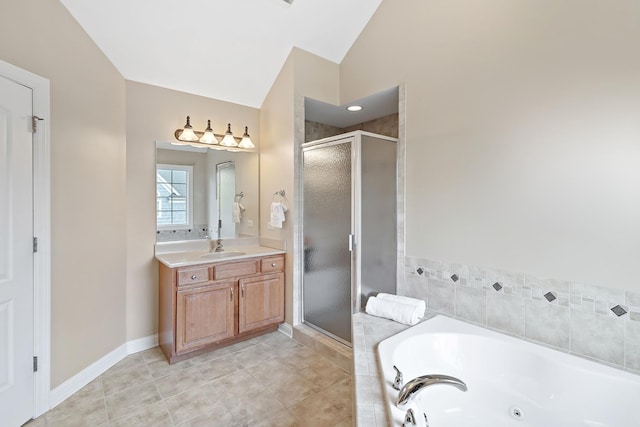 bathroom with tile patterned flooring, vanity, independent shower and bath, and vaulted ceiling