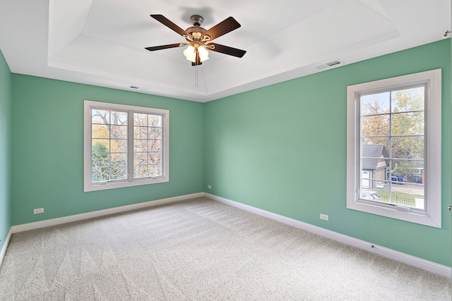 empty room featuring a tray ceiling, a wealth of natural light, carpet flooring, and ceiling fan