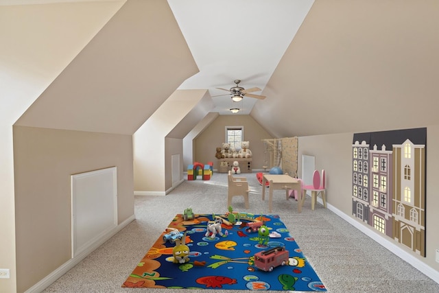 game room featuring light carpet, ceiling fan, and vaulted ceiling