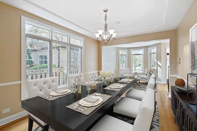 dining room featuring a healthy amount of sunlight, a notable chandelier, and light hardwood / wood-style floors