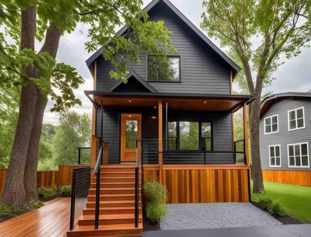 contemporary house with a wooden deck