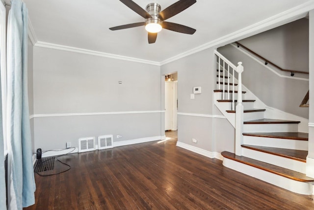 interior space featuring dark hardwood / wood-style flooring, ceiling fan, and crown molding