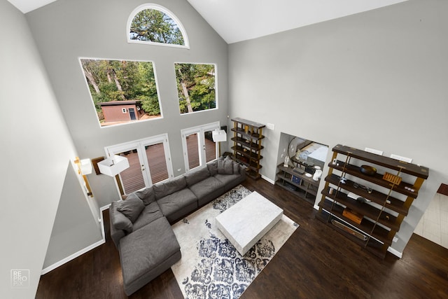 living room featuring french doors, dark hardwood / wood-style floors, and high vaulted ceiling