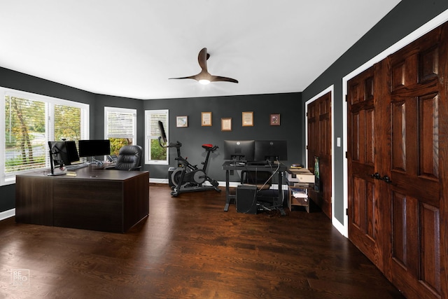 office featuring ceiling fan and dark wood-type flooring