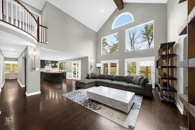 living room featuring a healthy amount of sunlight, dark hardwood / wood-style flooring, high vaulted ceiling, and french doors