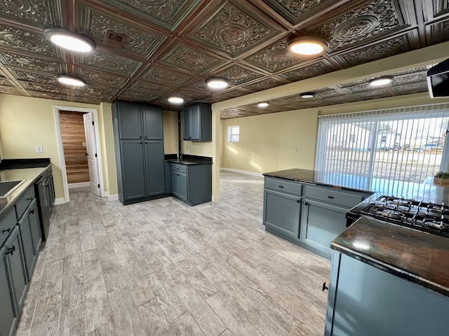 kitchen with black stove, gray cabinets, and light hardwood / wood-style flooring