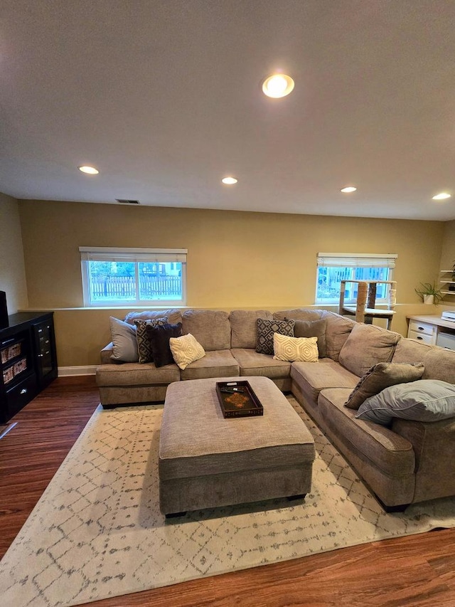 living room featuring wood-type flooring and plenty of natural light