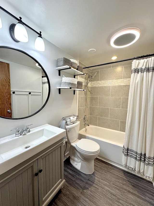 full bathroom featuring toilet, vanity, shower / tub combo, and hardwood / wood-style flooring