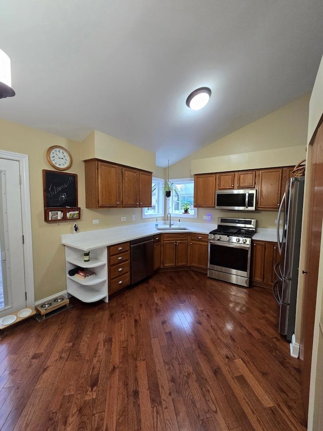 kitchen featuring lofted ceiling, sink, dark hardwood / wood-style floors, decorative light fixtures, and stainless steel appliances