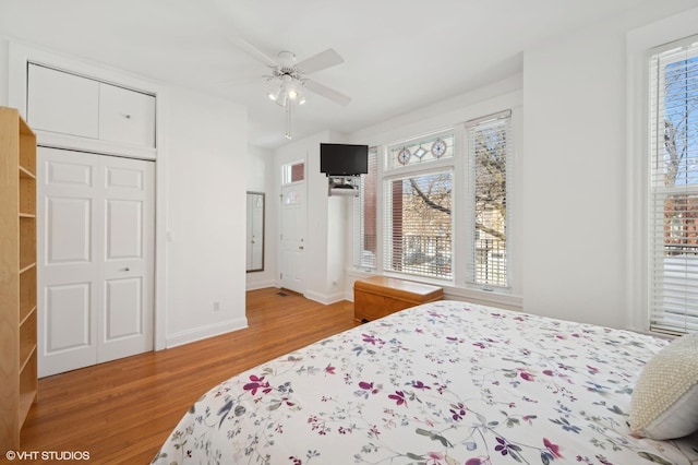 bedroom with ceiling fan, baseboards, multiple windows, and wood finished floors