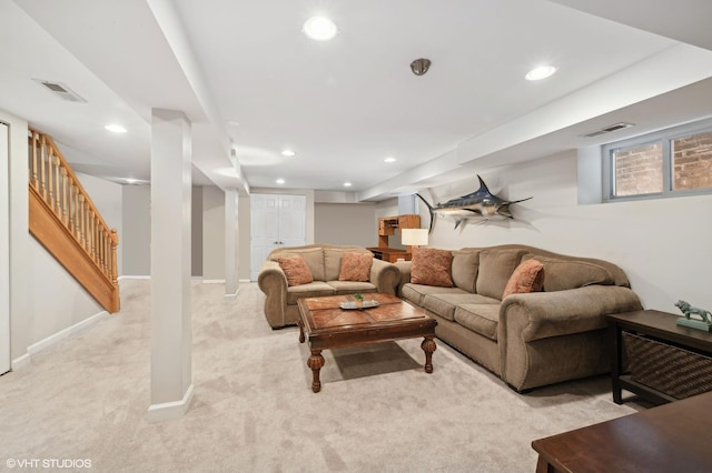 living room with recessed lighting, visible vents, light carpet, and stairway