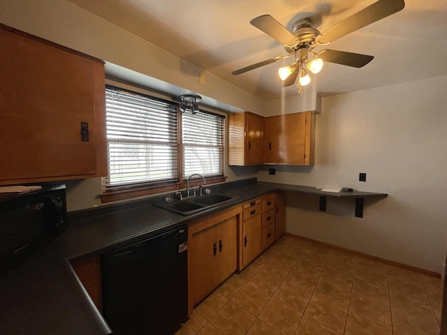 kitchen featuring ceiling fan, sink, light tile patterned floors, and black appliances