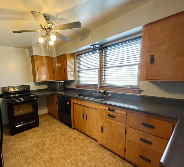 kitchen featuring black appliances, ceiling fan, light tile patterned flooring, and sink