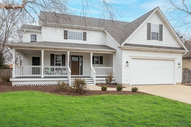 view of front facade featuring a front lawn, a porch, and a garage